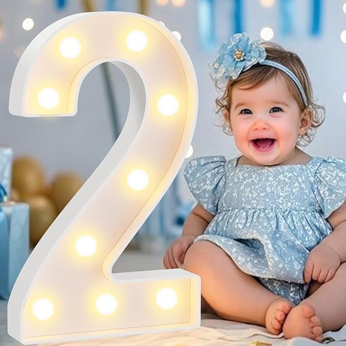 Pooqla Large Light Up Numbers for 2nd Birthday Decorations, 12.6 in Tall White Plastic Marquee Numbers Sign Party Decorations, Gift for Girls Boys Night Light Wedding Anniversary Decor, Big Number 2