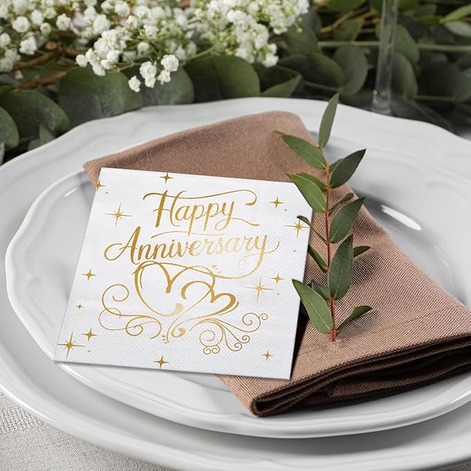 LeZakaa 25Pcs Happy Anniversary Paper Napkin, 3-Ply Gold Foil Cocktail Beverage Bar Square Disposable Napkins Guest Paper Hand Towels, Tea Party Napkins, 25th 50th Anniversary Table Decor, 5 x 5 In