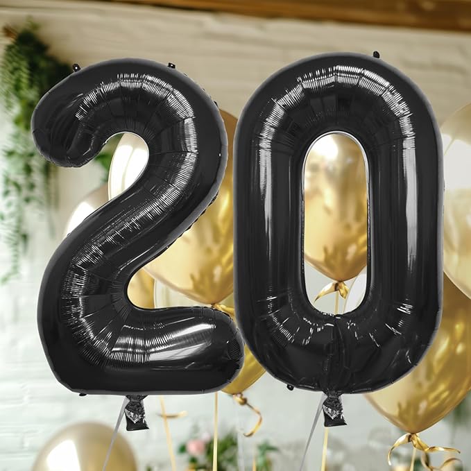 40 Inch Large Black Number Celebration and Decoration Balloon for Birthday Parties, Graduations, Anniversaries, Weddings, Photo Shoots, Special Events - Helium Foil Mylar (Black Number 20)