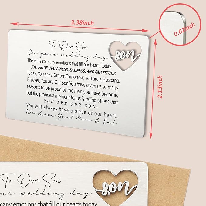 YODOCAMP To Our Son Wedding Day Wallet Insert from Parents, Stainless Steel Laser-Engraved Postcard with Heart Cutout, Groom Gift for Son, Emotional Wedding Keepsake for Groom and Husband QBK07