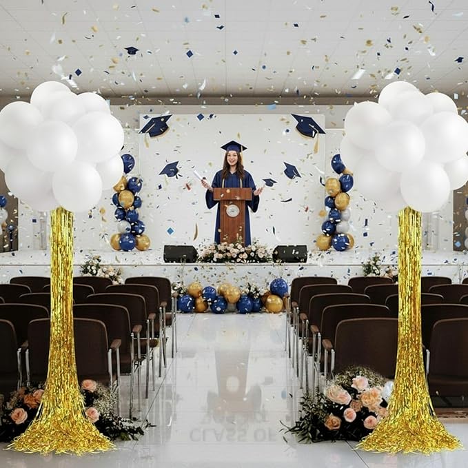 Gejoy 2 Set White and Gold Graduation Decorations Graduation Balloon Column Stand Kit with 50 Balloons 2 Gold Foil Fringe Backdrop Curtains 2 Adjustable Tower Stand with Base for 2026 Grad Party Decor