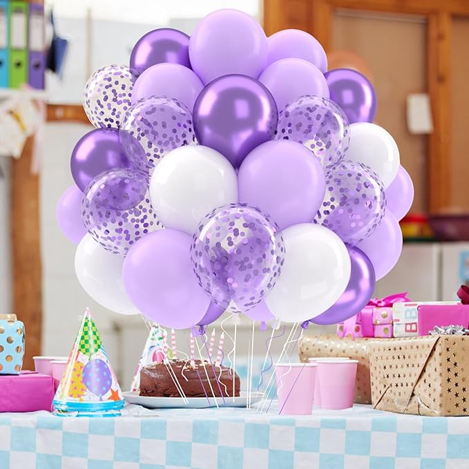 Patimate Lavender Purple Balloons Set, 50 pcs 12 inch Metallic Purple Lavender Lilac Confetti Latex Balloons Kit for Birthday Baby Shower Wedding Party Decorations