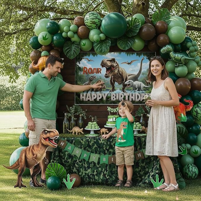 Dinosaur Birthday Party Decorations with Dinosaur backdrop Hunter Green brown balloon arch & Small dino Foil balloons & birthday Banners for Kids Jungle ROAR Three-REX Wild one theme Party Supplies