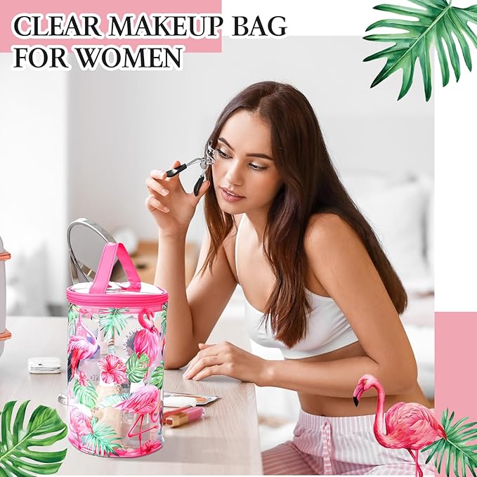 Sanwuta Beach Gifts Heavy Duty Clear Lotion Toiletry Bags for Travel Sunscreen Makeup Cosmetic Pouch Cylinder Bag Waterproof Portable Trip Bag with Handle Zipper(Flamingo)
