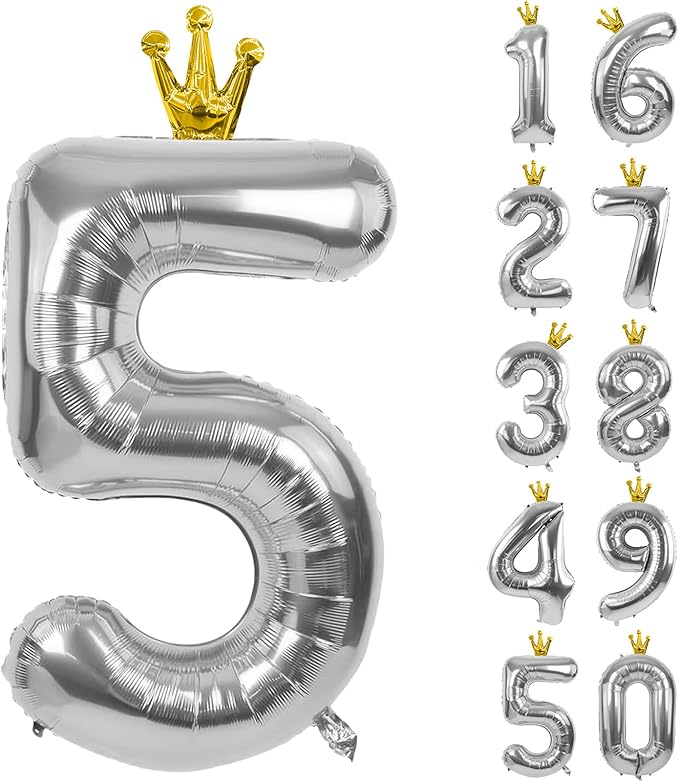 Silver Number 5 Balloon with Crown, 40 inch Silver Number Balloon 5th Birthday Party Decoration Silver Crown Balloons 0-9 for Birthday Party Anniversary Decorations Supplies