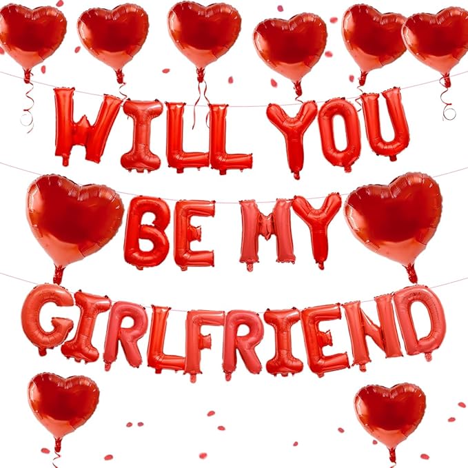 2 Set 16 Inch Will You Be My Girlfriend Balloons Banner, Red Proposal Letter Balloons with 10 Heart Shaped Balloon for Romantic Decorations, Engagements, Anniversaries, Valentines Day Decor