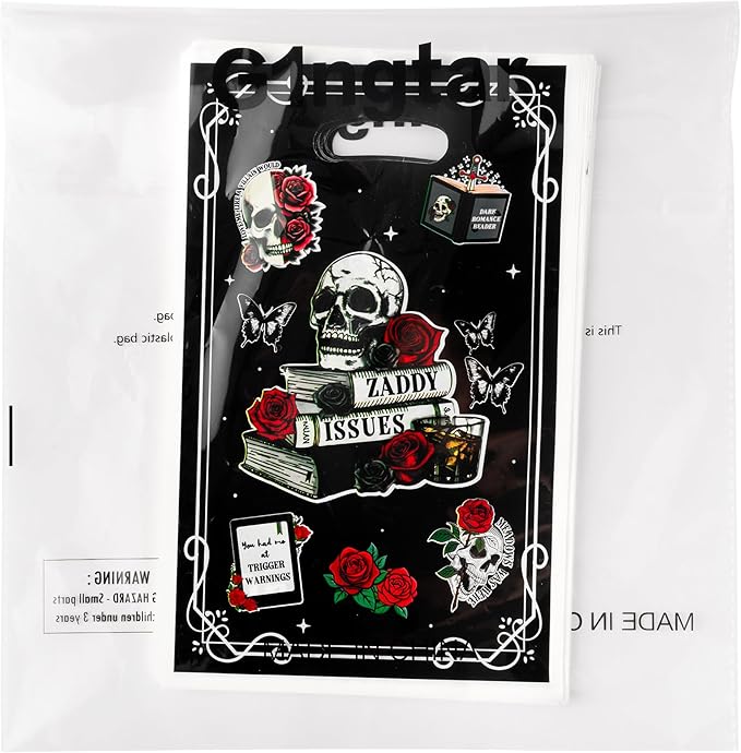 G1ngtar 50Pcs Dark Romance Book Lover Party Favor Bags - Skull Rose Black Gothic Aesthetic Goodie Candy Treat Gifts Waterproof Plastic Bags for Kids Birthday Party Decoration Supplies