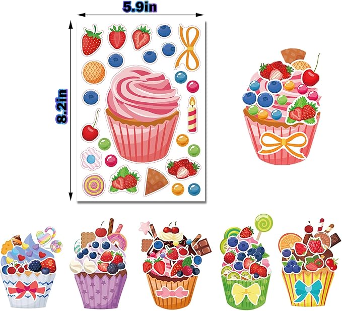 24 Sheets Cupcakes Stickers for Kids Treats and Sweets Sticker Sheets Make a Face Stickers for Birthday Party Mix and Match Dessert Cookies Stickers Party Favors