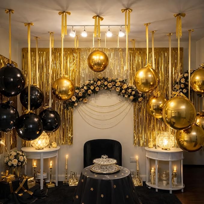 Togvu Black Gold Round Foil Balloons, 16PCS Different Sizes 4D Metallic Balloon Large Sphere Mirror Ball Balloons for Prom Graduation New Year Retirement Birthday Party Ceiling Decorations Supplies