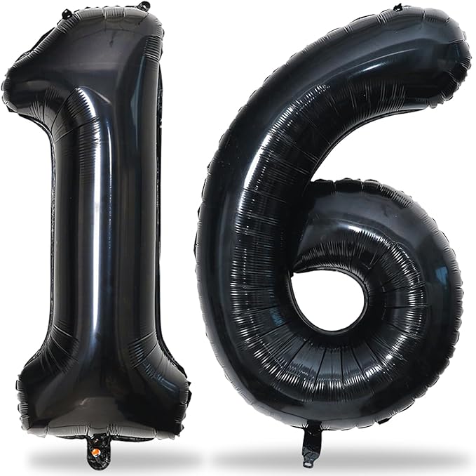 Black 16th Birthday Balloons for Boys Girls, 40 Inch Big Black Mylar Foil Number 1 and 6 Balloons Self Inflating Black 16 Balloons Number for Men Women 16th Anniversary Party Decorations Supplies