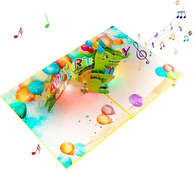 Cartoon Dinosaur Music Playing Pop Up Happy Birthday Greeting Card with LED Light, Love Gift for Adult and Kid with Blank Note & Envelope, Celebration for Daughter, Son, Mom, Dad