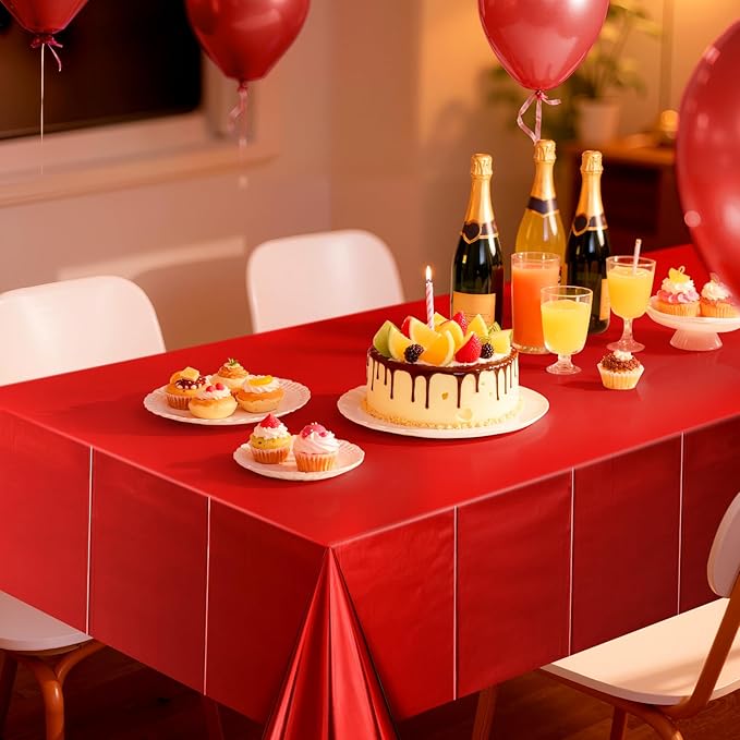 2 pcs Red Tablecloth Plastic -Stunning Metallic Matte Finish, 40" x 108" Christmas Table Cloth, Perfect for Carnival Birthday Party Decorations Casino Night Graduation Table Supplies