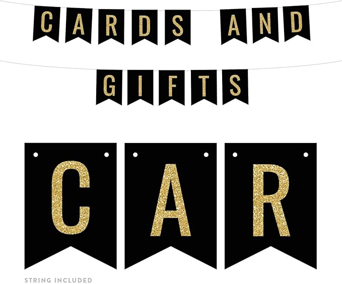Andaz Press Faux Gold Glitter on Black Party Banner Decorations, Cards and Gifts, Approx 5-Feet, 1-Set, Birthday Wedding Baby Shower Colored Hanging Pennant Decor