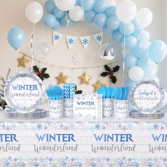 194pcs Winter Wonderland Baby Shower Decorations Winter Wonderland plates and Napkins, Cup, Tablecloth, Tableware, Blue Disposable Christmas Snowflake Party Supplies Serve 24 Guests
