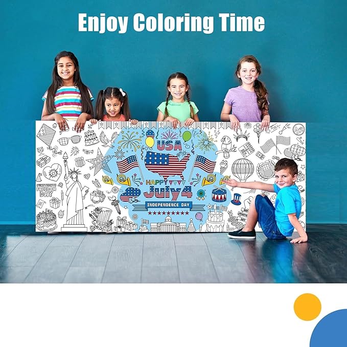 4th of July Giant Coloring Tablecloth,Patriotic Giant Poster 30x72 for Independence Day, Decor American Flag Poster TableCover,Kids Art Crafts Coloring for Classroom School Party Tablecloth