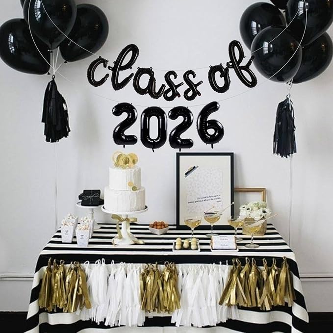 TONIFUL Black Cursive Class of 2026 Graduation Balloon Banners 2026 Commencement Decor Grad Foil Balloons 2026 Congrats Grad Balloons for Class of 2026 Congratulation Graduation Party Supplies