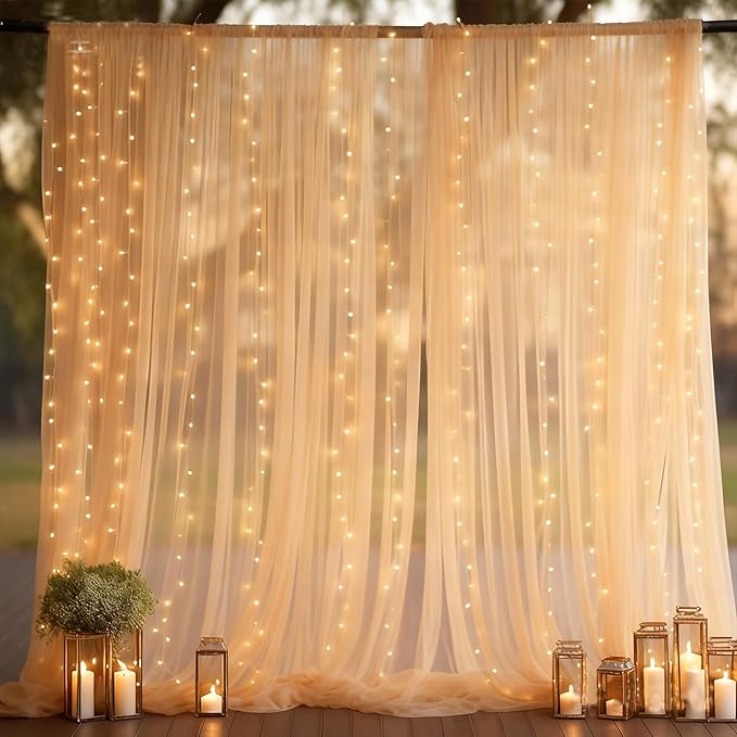Champagne Tulle Backdrop Curtain with Lights, Elegant Sheer Photo Backdrop Drapes, Soft Fabric Curtain for Weddings Brithday Baby Shower Parties Photography Background Decor, 10ftx8ft