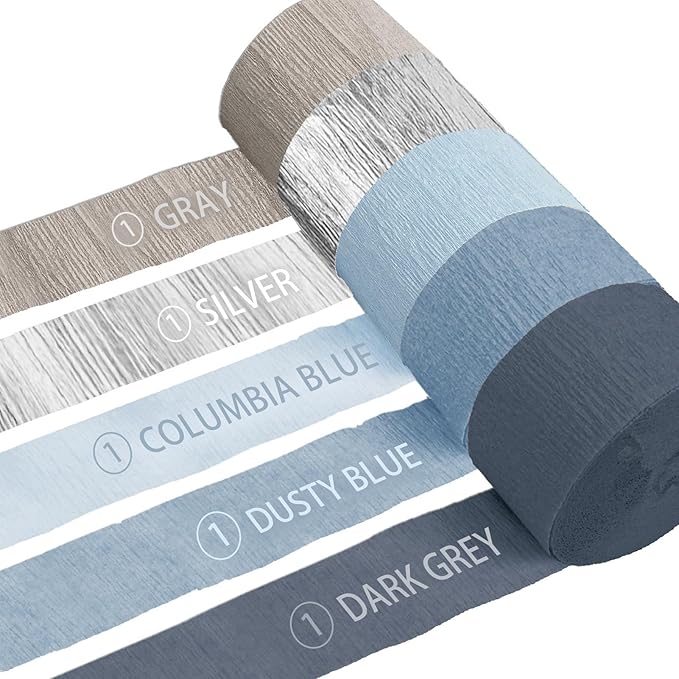 NICROLANDEE 5 Rolls Dusty Blue Grey Silver Crepe Paper Streamers for Wedding Decorations, Paper Garland Decoration for Something Blue Bridal Shower, Birthday, Bachelorette, Baby Shower Backdrop
