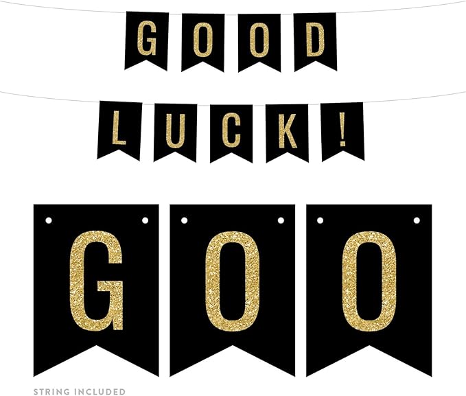Andaz Press Faux Gold Glitter on Black Retirement Party Banner Decorations, Good Luck!, Approx 5-Feet, 1-Set, Birthday Wedding Baby Shower Colored Hanging Pennant Decor