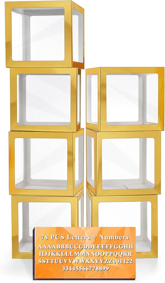 Ledido Gold Transparent Balloon Boxes With 78 Letters Numbers, Baby Boxes with Letters for Baby Shower Clear Letter Boxes for Party Graduation Wedding Birthday Baby Shower Decorations 7 PCS