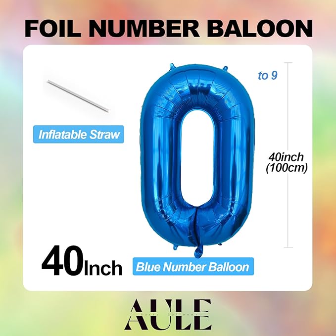 AULE 40 Inch Large 0 Balloon Numbers Blue, Big Foil Number Balloons, Giant Helium Happy Birthday Party Decorations for Man and Women, Huge Mylar Anniversary Party Supplies