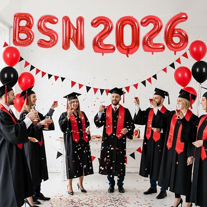 TONIFUL 2026 Nurse Graduation Decorations Red BSN 2026 Balloons 16 Inch BSN 2026 Banner Class of 2026 Congrats Nurse Balloons Decorations 2026 Nursing Graduation Party Supplies
