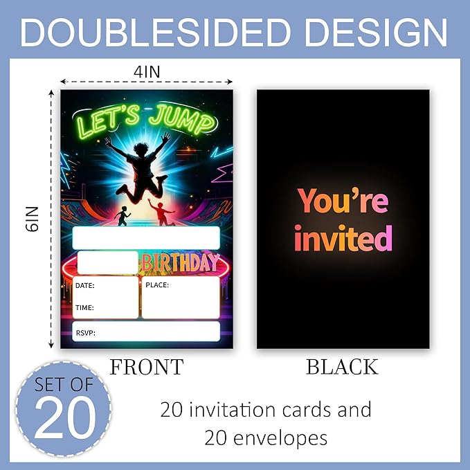 Trampoline Park Birthday Invitations, 4 x 6 Inch Let's Jump Theme Birthday Invites Cards for Boys & Girls, 20 Count with Envelopes, Double Sided Printed, Fill in Blank