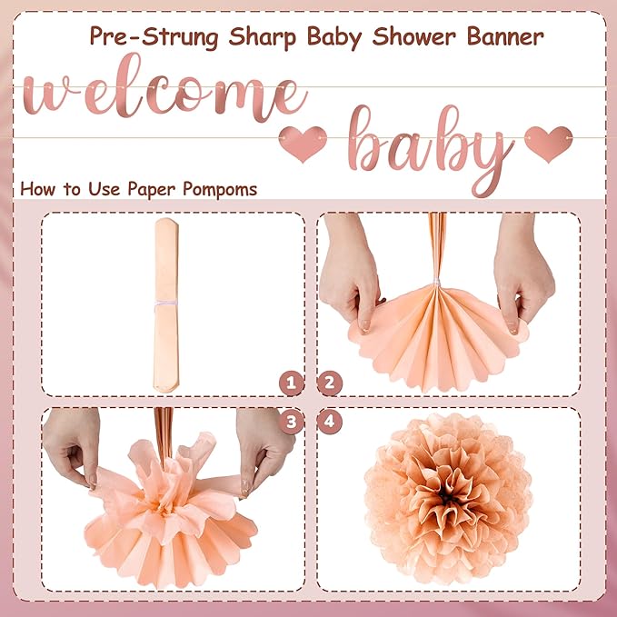 Kriyokiaa 16 Pcs Baby Shower Decorations for Girl Light Rosegold Baby Shower Decorations with Welcome Baby Banners Paper Flower Pom Poms Perfect for Indoor & Outdoor Celebrations