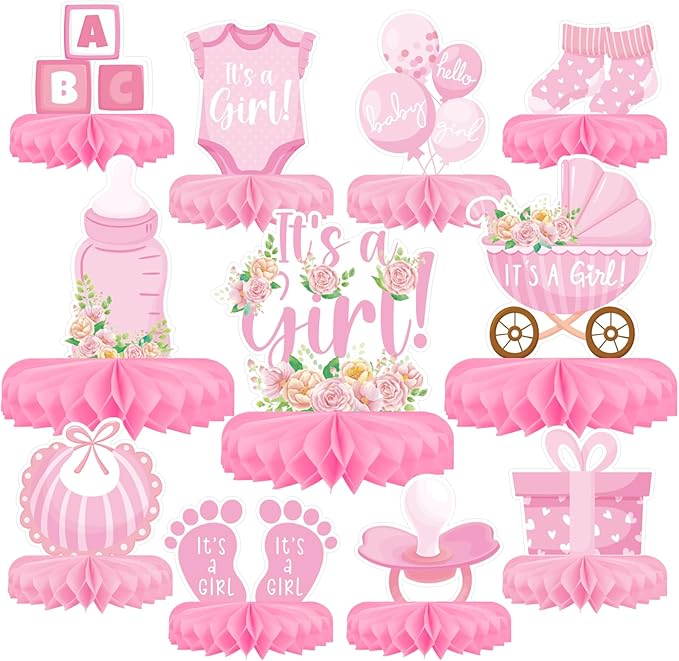 Girl Baby Shower Decorations Set - Kit with Pink Honeycomb Centerpiece, Baby Reveal & Themed Table Decor for the Baby Girl Shower Decorations
