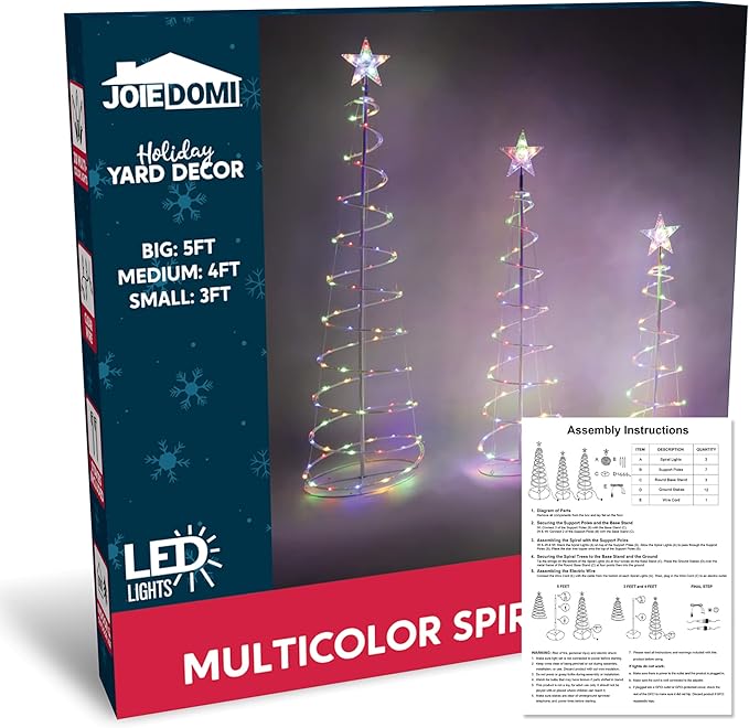 JOIEDOMI 3 Pack Spiral Christmas Tree Lights, 218 LED Outdoor Lighted Tree with Star Topper & Stakes, Christmas Decorations for Yard Porch Patio Garden Holiday Xmas Eve Night Décor, Multicolor