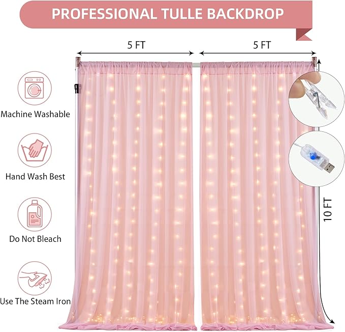 10x10FT Pink Wrinkle Free Backdrop Curtains with Lights String for Parties - Photo Curtain Backdrop with Lights for Wedding Decorations, Bridal Baby Shower Birthday Party Photography Background