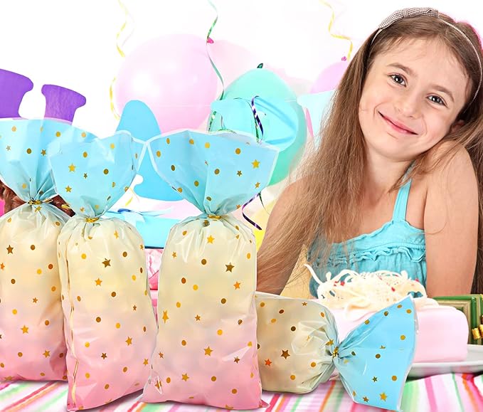 Pajean 100 Pcs Pastel Cellophane Bags Rainbow Party Favors Bag Star Dot Treat Goodie Candy Plastic Gift Pink Blue Tie Dye Wrapping Clear Cello for Baby Shower Birthday Decoration Supplies