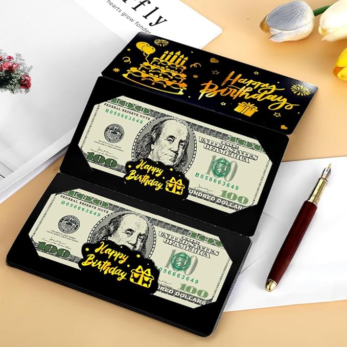 Black Gold Happy Birthday Envelope for Cash, DIY Money Holder with 6 Slots for Cash, Surprise Card Holder for Birthday, Money Gift Card for Men Women