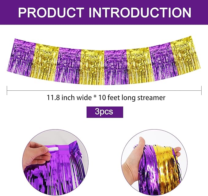 BEISHIDA 3 Packs Metallic Foil Fringe Garland Purple Gold Wall Hanging Tinsel Fringe Banners for Car Floats Bridal Shower Wedding Birthday Graduation Holiday Party Decoration(30 Feet)