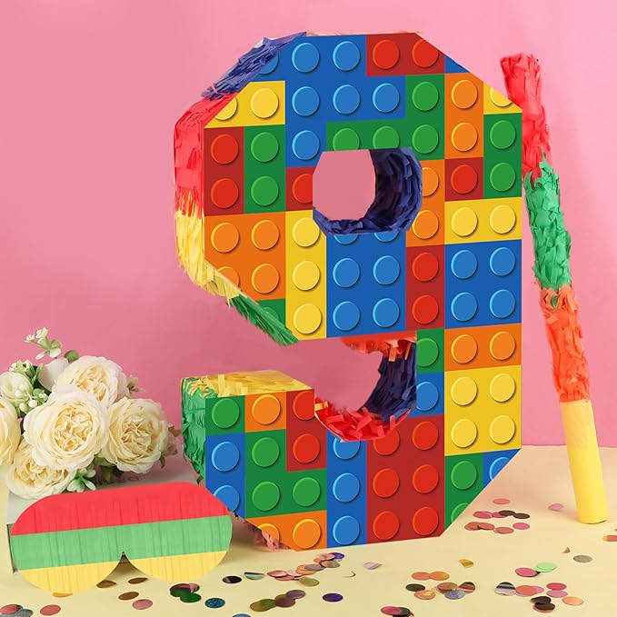 Number 9 Pinata Building Blocks 9th Birthday Party Decorations with Pinata Stick Blindfold for Kids Happy Birthday Building Block Theme Party Supplies for Boys Girls (16 x 10.6 x 3 In)