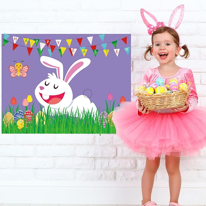 Funnlot Easter Games for Kids Pin The Tail on The Bunny with 24 Stickers Easter Party Games Easter Rabbit Game for Easter Party Decorations Easter Egg Hunt Activities