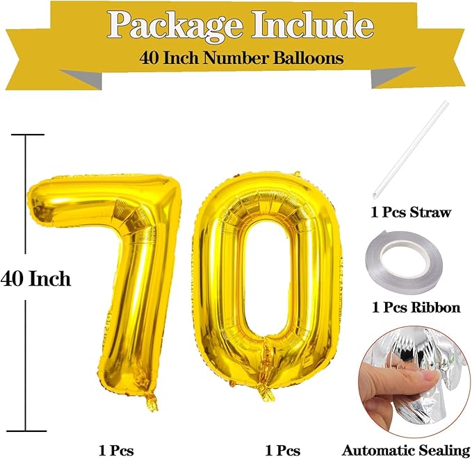 Giant Gold Number 70 Balloons, 40 Inch Jumbo Number 70, Large Foil Mylar Balloons for Girls Women 70th Birthday Party Decorations, 70 Anniversary Events Decorations