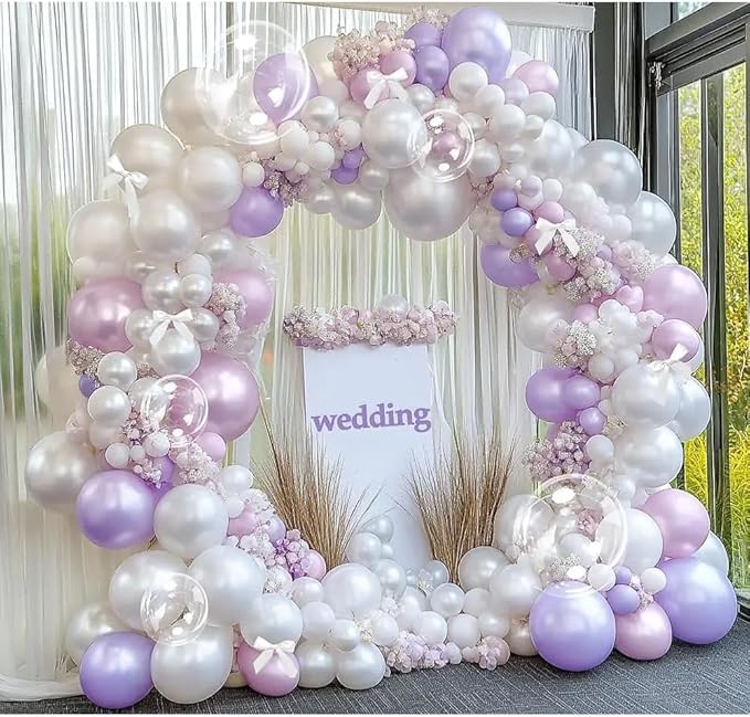 Purple White Balloon Garland Double Stuffed Pearl Pastel White Light Purple Lavender Lilac Balloons with Bow Clear Balloon Arch Kit for Wedding Bridal Baby Shower Birthday Butterfly Fairy Decor