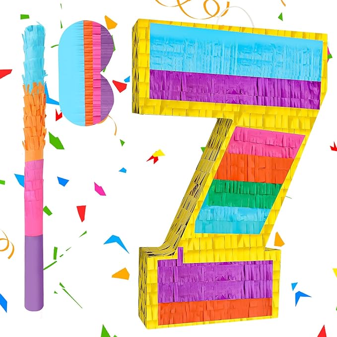 Rainbow Number 7 Pinata Birthday Decorations for Kids, Rainbow Pinata with Bat Stick Blindfold for Boys Girls 7th Birthday Celebrations Baby Shower Party Supplies (16.1x10.6x2.9 Inches)