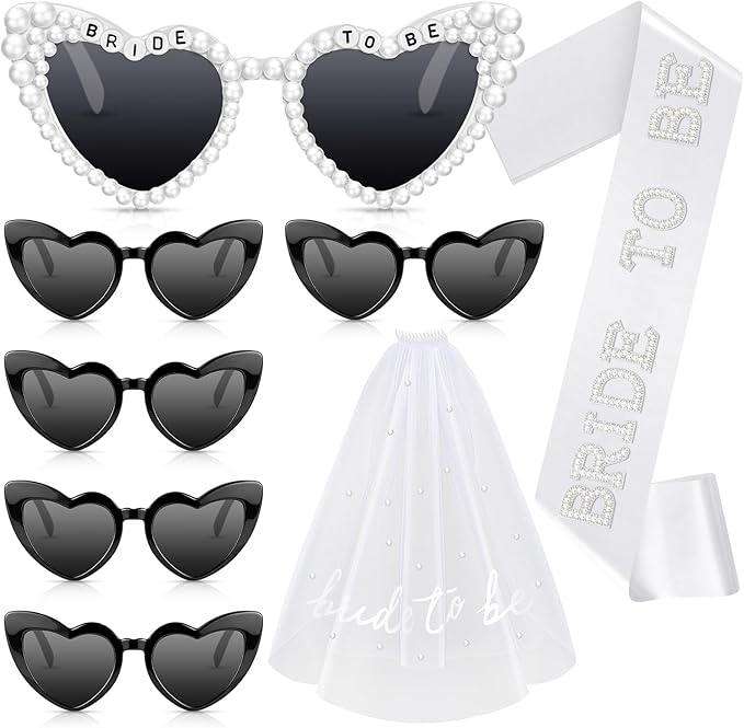 8 Pcs Bachelorette Party Bride to Be Decorations Pearl Heart Sunglasses Pearl Sash Bridal Veil for Wedding Engagement Bridal Shower Favors