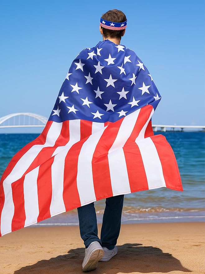 Frienda 250 Year American Flag Costume Cape, Retro 80's USA Sunglasses and Flag Headband for 250th Anniversary 4th of July