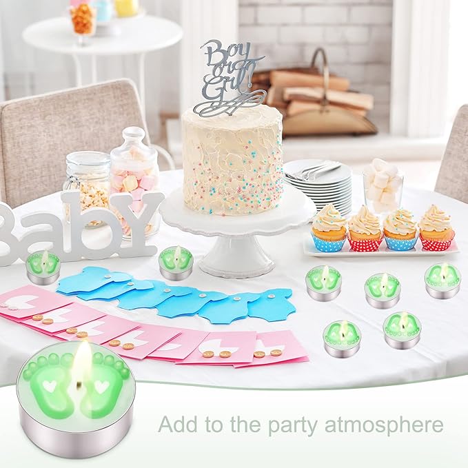 Treela 20 Sets Baby Shower Party Favors Green Tea Lights Candles with Organza Bag for Guests Cute Feet Shaped Burning Thank You Tags Return Gifts Keepsakes for Baby Shower Gender Reveal Party