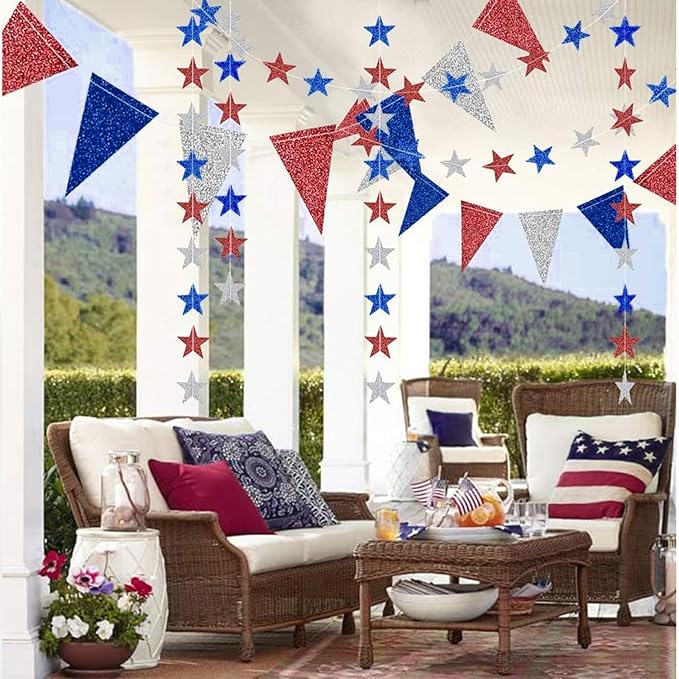 Decor365 4th of July Patriotic Decorations Set Glitter Star Streamers Pennant Bunting Banner Red White Blue Garland for Independence Day Veterans Labor Day Decor Holiday Memorial Day Party Supplies