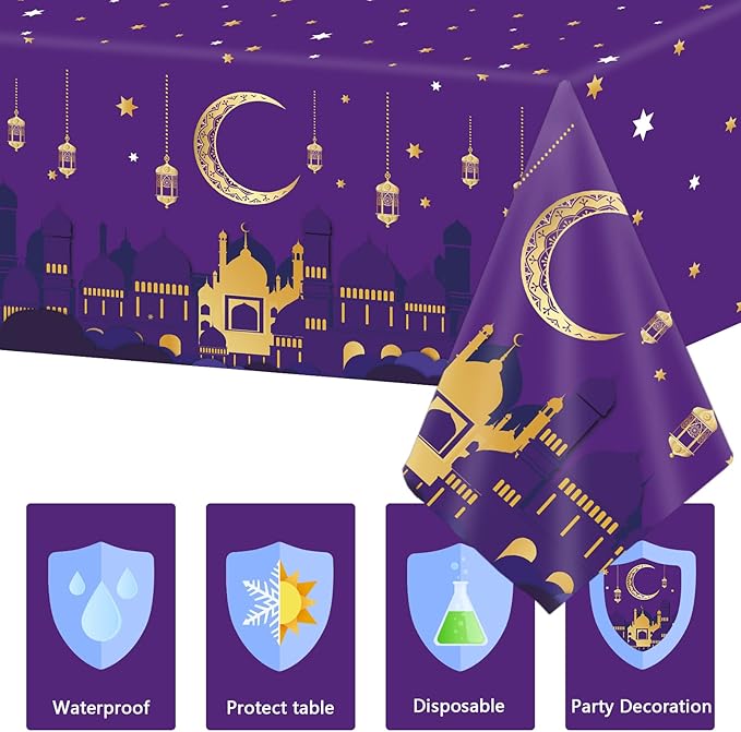 3 Pieces Ramadan Mubarak Tablecloths for Eid Mubarak Decorations Plastic Disposable Happiness Ramadan Eid Al-fitr Party Table Covers for Rectangle Tables Ramadan Party Favors, 54 x 108 Inches（Purple）