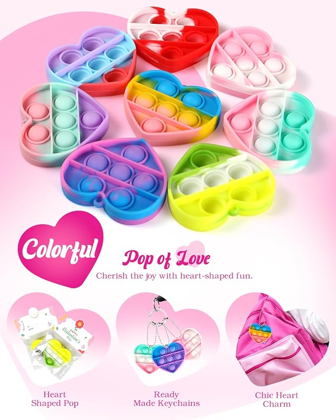 32 Pack Valentine's Day Heart-Shaped Pop Fidget Toys for Kids, Classroom Bulk Gifts with Keychains & Cards, Perfect for School Party & Class Exchanges