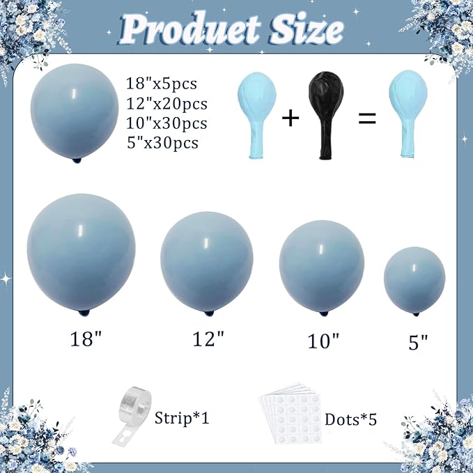 Dusty Blue Balloons Garland Kit, Double Stuffed Dark Dusty Blue Balloon Arch Different Sizes 18/12/10/5 Inch Latex Balloons for Birthday Gender Reveal Neutral Theme Party Decoration