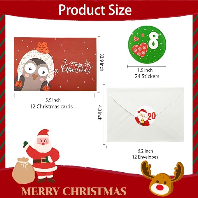 12 Pcs Christmas card with Envelopes & 24 Pcs Sticker,Cartoon animals categories holiday cuteness multiple loose cards with envelopes and written blessing messages,can be given to friends, family, children, boys and girls(dongwu)