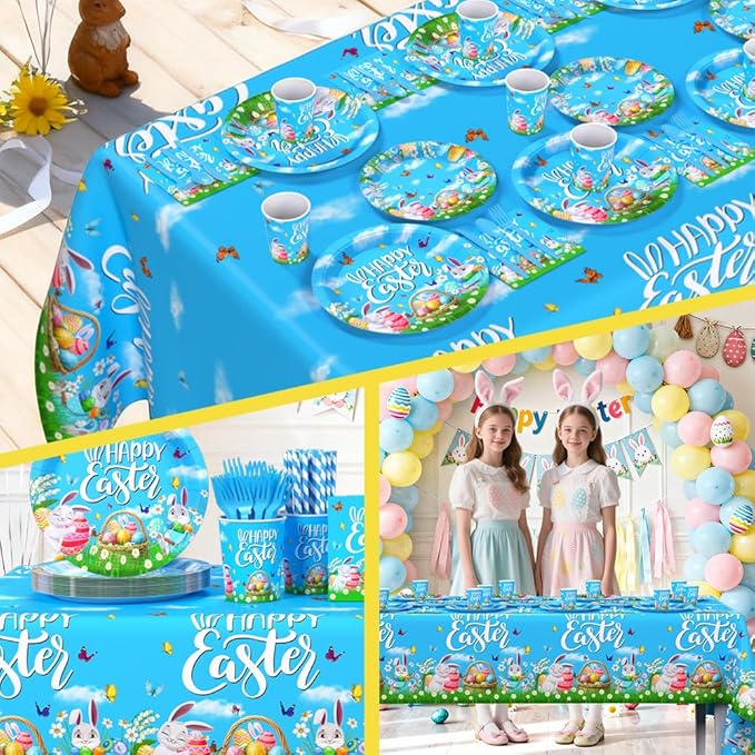 193pcs Happy Easter Party Decorations Easter Paper Plates and Napkins, Cup, Tablecloth, Tableware, Spring Bunny Egg Disposable Dinnerware Party Supplies Serve 24 Guests