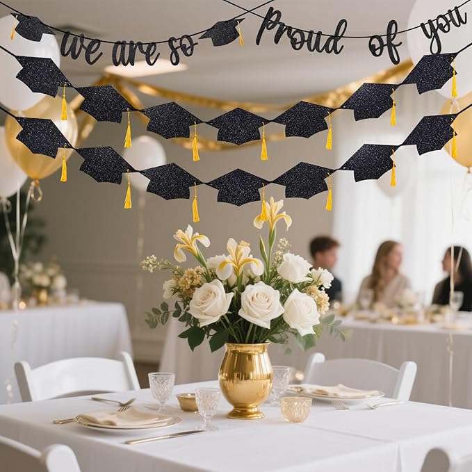 Graduation Decorations 2026, Pre-Strung We Are So Proud of You Banner, Double-Sided Glitter Graduation Banner with Gold Tassels, 2026 Grad Party Decor for College