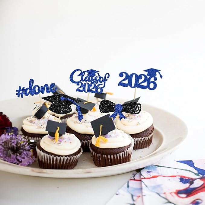 Gyufise 30Pcs Blue Glitter 2026 Graduation Cupcake Toppers Class of 2026 Graduation Done Cupcake Picks Grad Cap Diploma Cake Decorations for 2026 Graduation Theme Party Cake Decorations Supplies